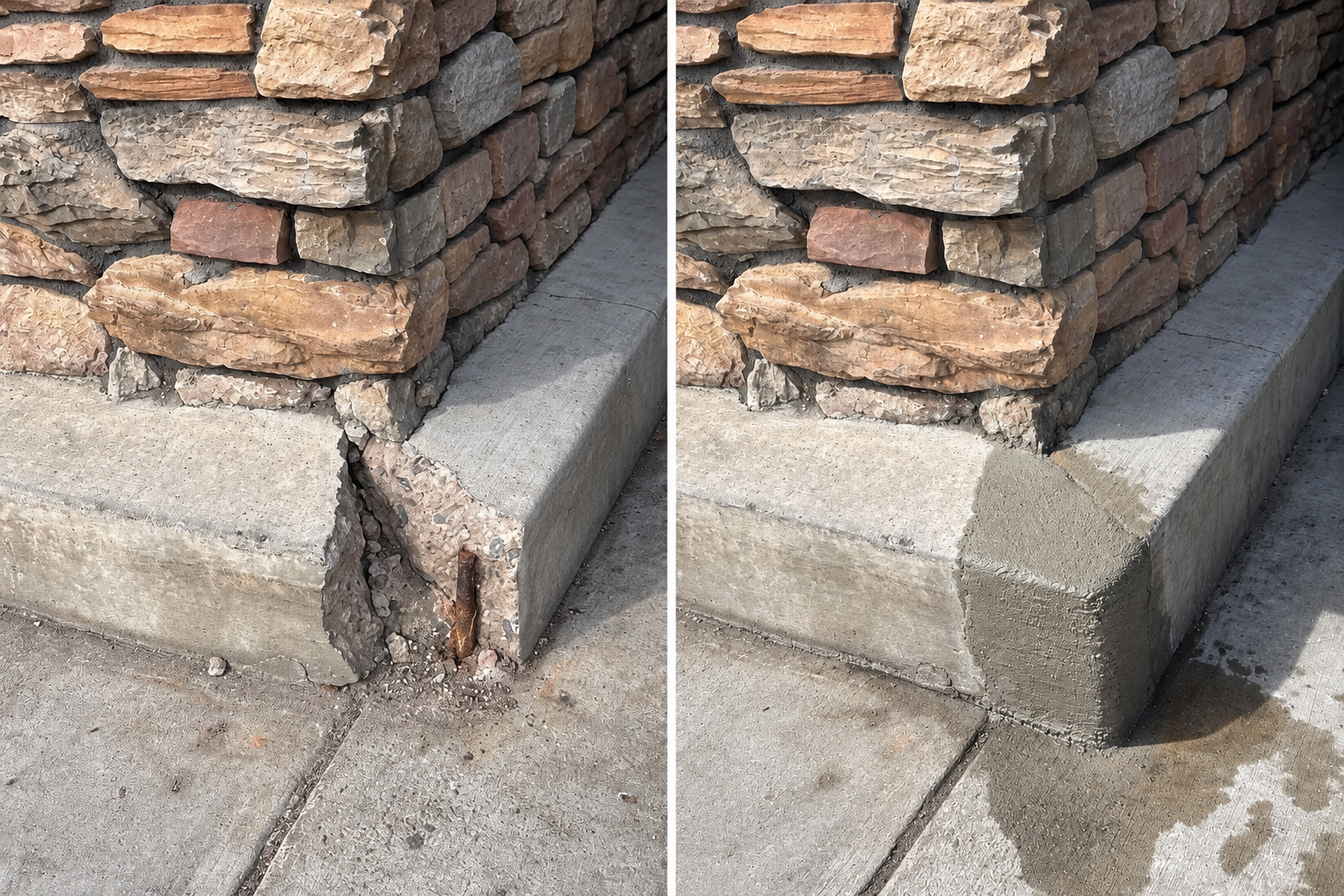 Damaged and repaired masonry corner shown side by side