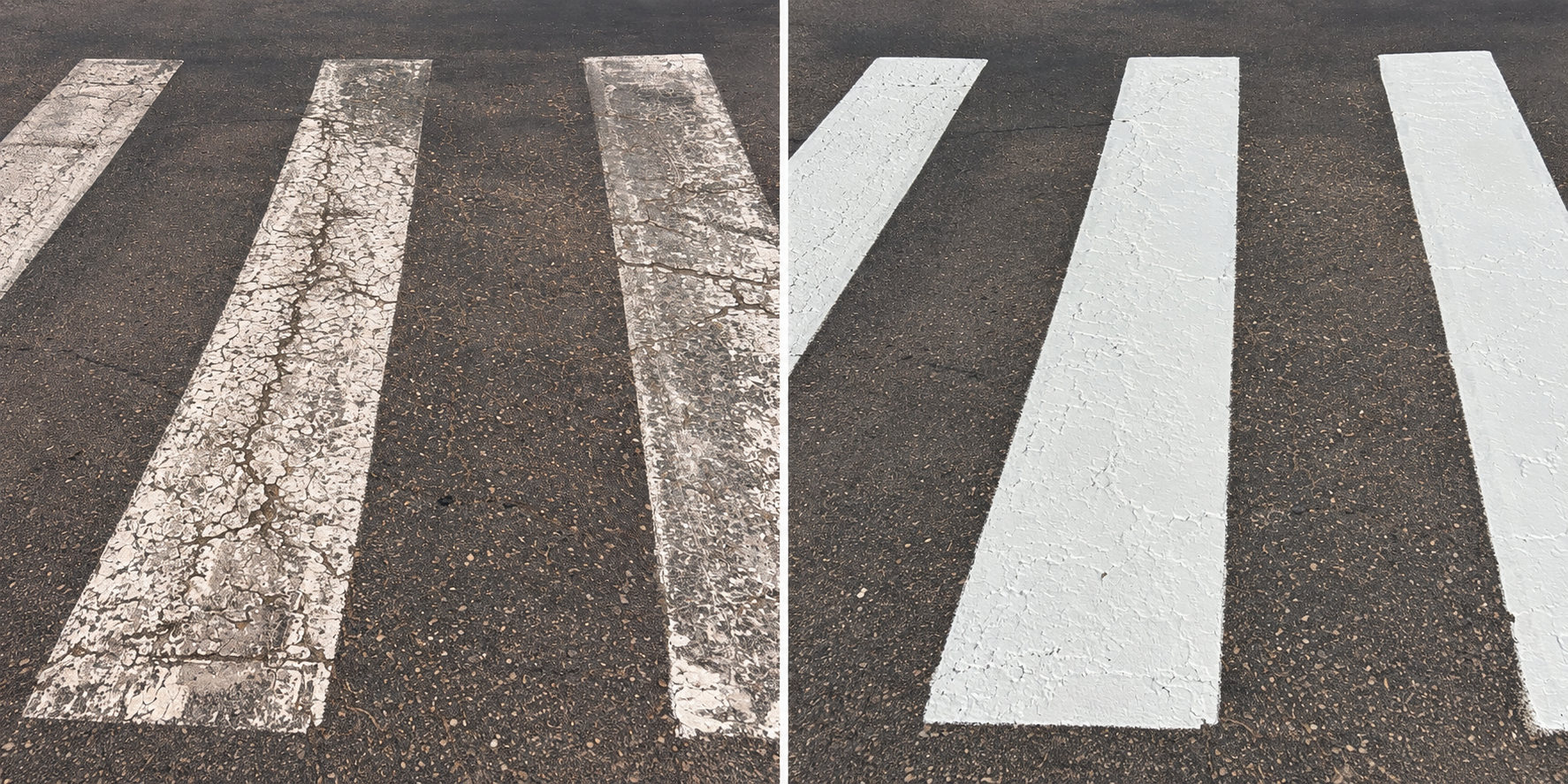 Worn and freshly painted crosswalk stripes shown side by side