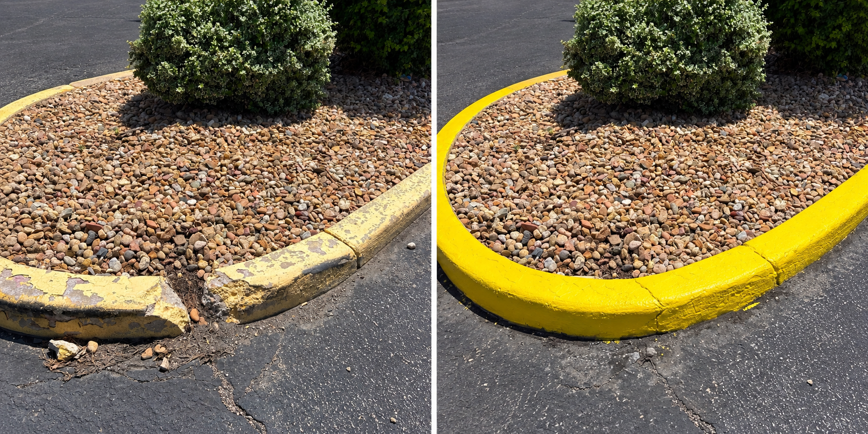 Worn and freshly painted yellow curb shown side by side